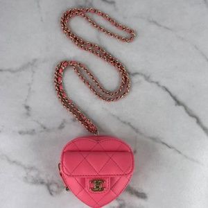 Chanel pink lamb skin quilted cc in love heart coin purse with chain/necklace